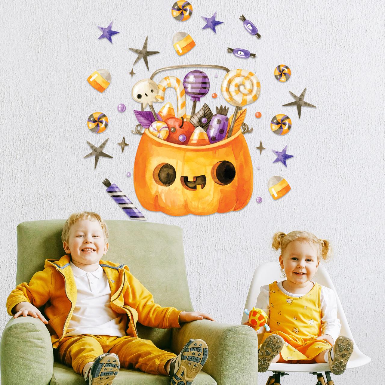 Декор для Хелловіна Наклейки Кошик солодощів матова (для вікон стін хеллоуин гарбуз цукерки) Набір М, фото 1