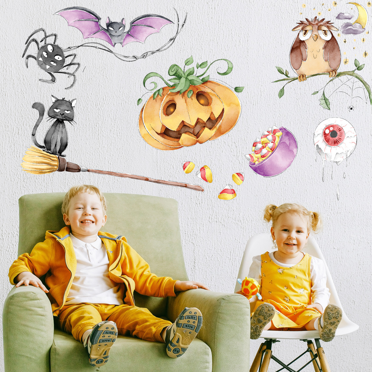 Наклейки для Хелловіна Halloween матова (гарбуз павук кіт кажан мітла декор хеллоуин) Набір М 1100х500мм