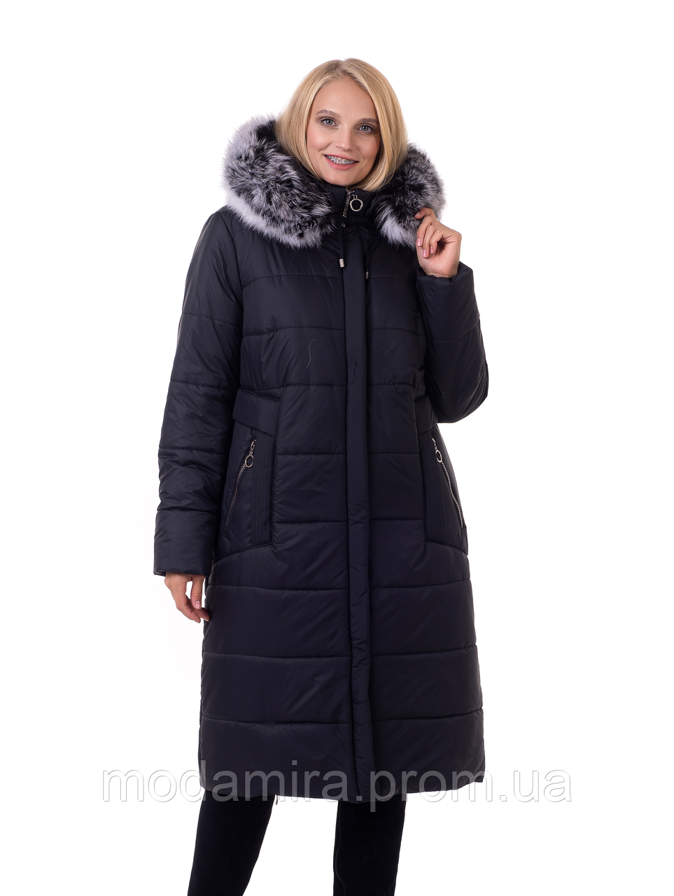 Жіноче зимове пальто з хутром. Жіночий зимовий пуховик. Жіноча зимова подовжена курточка Р — 48-66 чорний