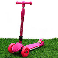 Самокат дитячий триколісний Рожевий ПУ колеса, що світяться, музика, подсвет регульована висота ручки (881-2L), фото 6
