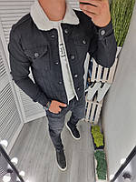 Чоловічий джинсовий піджак чорний з білим хутром | Чоловіча джінсовка Turkey ЛЮКС якості