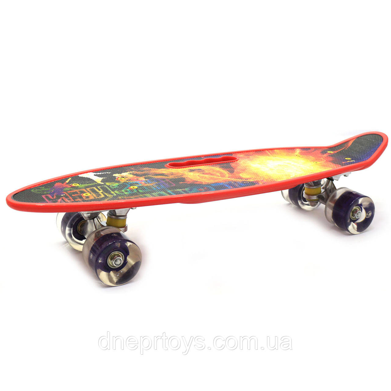 Пенні борд (скейт) з світяться колесами і ручкою. Безшумний Penny Board вогненний (С-40310)