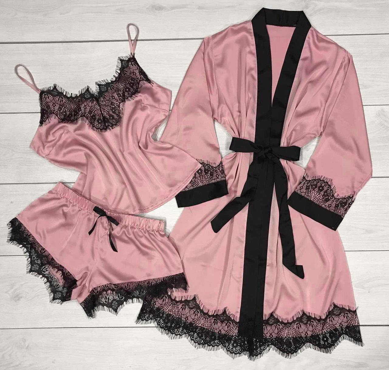 Ніжно рожевий халат із мереживом і піжама Комплект Преміумкласу ТМ Exclusive