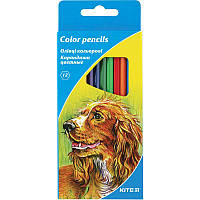 Олівці кольорові, 12 кольорів. Шестигранна форма корпусу. Товщина грифеля 3 мм. Картонна упаковка з європідвісом.