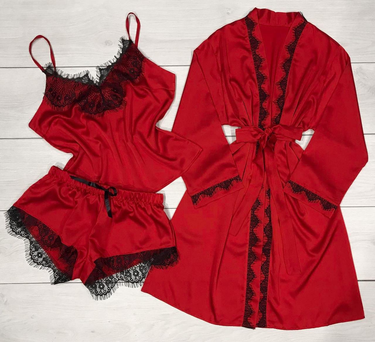Червоний шовковий набір жіночого одягу Халат + майка + шорти з мереживом