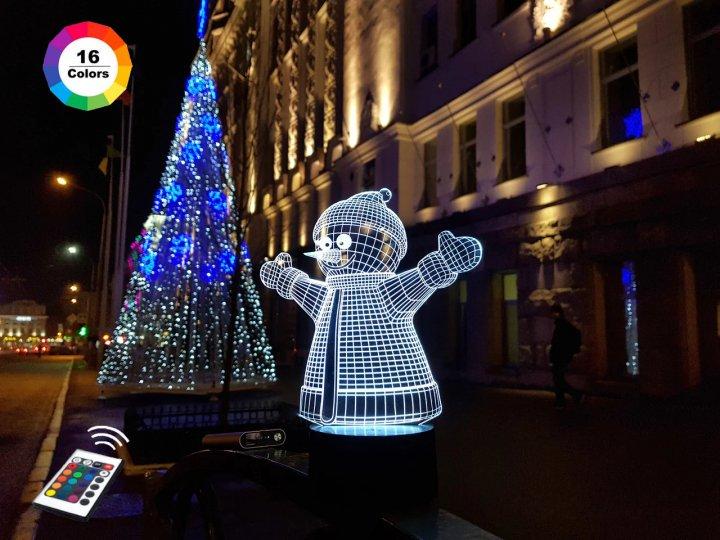 3D нічник "Сніговик" (ВЧЕННЕ ЗОБРАЖЕННЯ) + пульт ДК + мережевий адаптер + батарейки (3ААА) 3DTOYSLAMP, фото 1