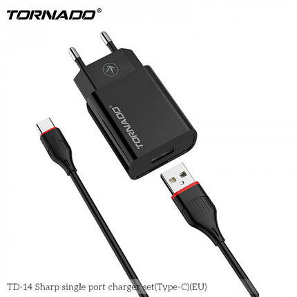 Мережевий зарядний пристрій Tornado TD-14 (1USB 2.4 A 1м) + USB кабель Type-C - чорний, фото 2