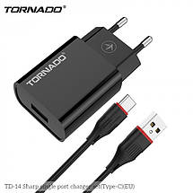Мережевий зарядний пристрій Tornado TD-14 (1USB 2.4 A 1м) + USB кабель Type-C - чорний, фото 4