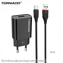 Мережевий зарядний пристрій Tornado TD-14 (1USB 2.4 A 1м) + USB кабель Type-C - чорний, фото 3