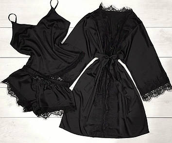 Чорний комплект із мереживом Халат + майка + шорти. Жіночий домашній одяг преміумкласу