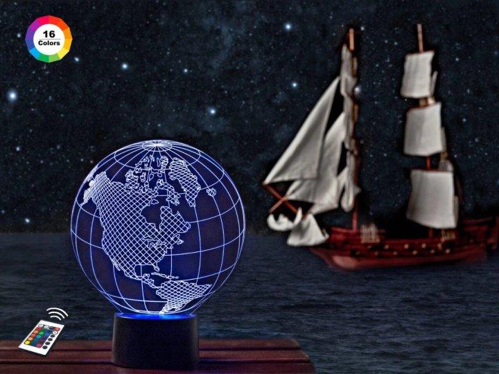 3D нічник "Глобус" (ВОЛІЧНЕ ЗОБРАЖЕННЯ) + пульт ДК + мережевий адаптер + батарейки (3ААА) 3DTOYSLAMP, фото 1