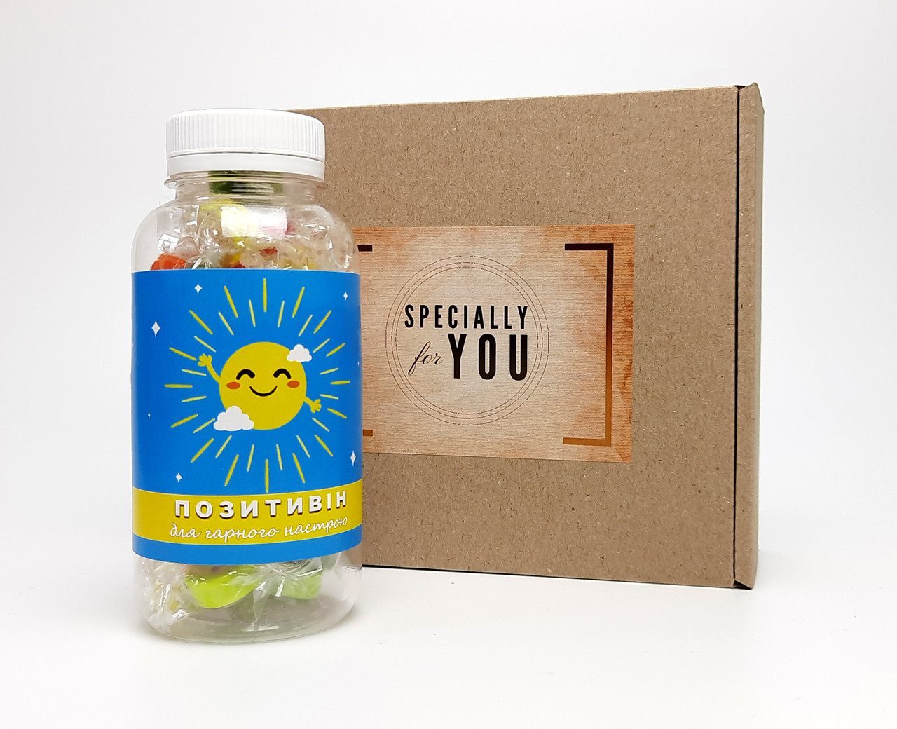 Цукерки в баночці "Позитивин" - найкращий подарунок для гарного настрою в крафтового подарунковій упаковці