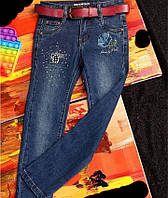 Стильні джинси для дівчаток із вишивкою, дитячі джинсові штани з поясом для дівчинки