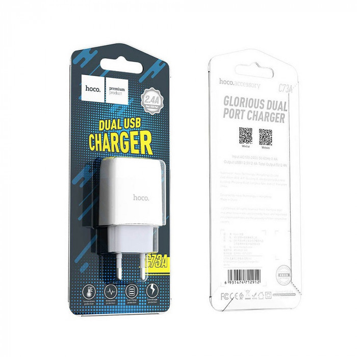 Мережевий зарядний пристрій Hoco C73А 2 USB/2.4A білий
