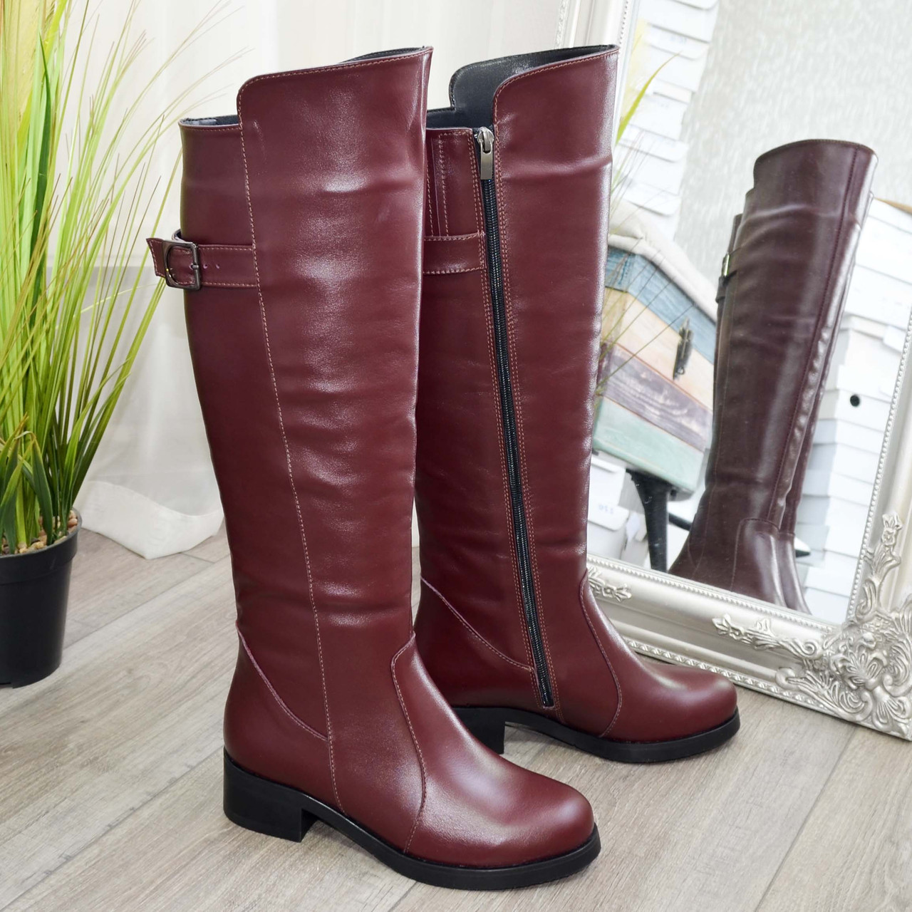 Чоботи жіночі шкіряні на невисокому стійкому каблуці, колір бордо, фото 1