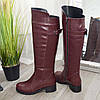 Чоботи жіночі шкіряні на невисокому стійкому каблуці, колір бордо, фото 4