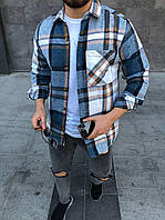 Мужская стильная плотная байковая клетчатая рубашка (синяя с белым)