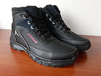 Зимние мужские ботинки на меху из экокожи на молнии на шнурках черные спортивные прошитые ( код 5003 )