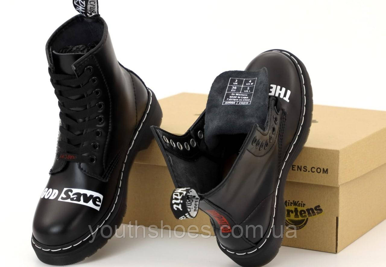Черевики жіночі/чоловічі осінні шкіряні Sex Pistols & Dr. Martens "God Save the Queen" "Чорні" розмір 38-40