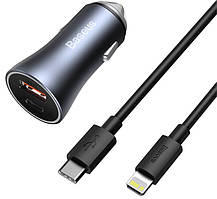 Адаптер автомобільний BASEUS TZCCJD-B0G, 1USB, 1Type-C, 40W, 3A з кабелем, сірий