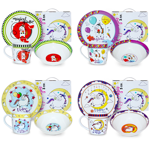 5144 Набір дитячий 3пр. Єдиноріг мікс (тарілка-19см, миска-380мл, чашка 250мл)