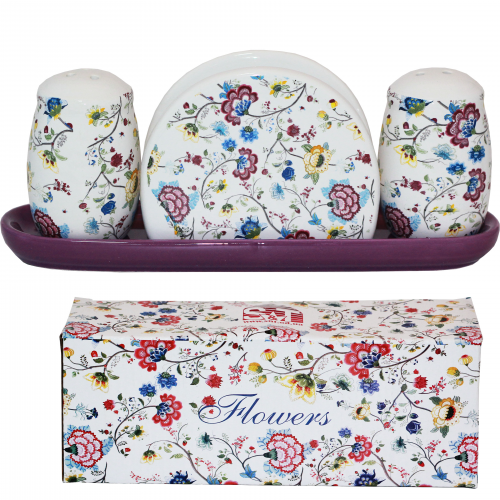 6912-10 Набір для солі і перцю з салфетницей на керам.підставці 'Квітковий шовк'