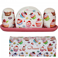 6912-9 Набір для солі і перцю з салфетницей на керам.підставці 'Десерт'