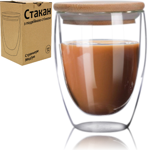 201-26 Склянку з подвійною стінкою і бамбуковою кришкою 350мл