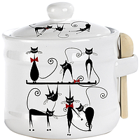 2370-12 Банку для меду з дерев'яними ложкою 'Чорна кішка' (h-8,5 см, d-10см, про-м 420мл)