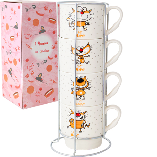 021-04-12 Набір 4 чашки на стійці Happy cat 320 мл
