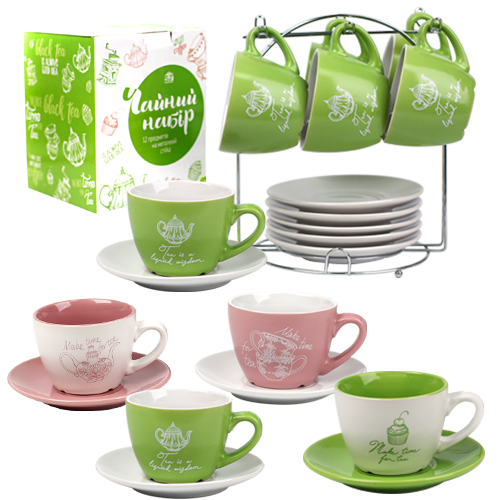 3629-07 Набір чайний на металевій стійці 12пр Tea time (чашка - 200мл, блюдце - 14см)