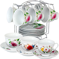 021-12-01 Сервіз чайний 12пр. на металевій стійці квіти микс1 (чашка-180мл, блюдце-14см)