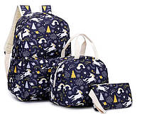 Рюкзак темний з єдинорогом / шкільний / міський / щодня / 3в1 / з пеналом і сумкою для обідів, фото 1