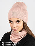 Зимова шапка Сенсація в рубчик жіноча на флісі з відворотом, якісна пряжа Підліткова для дівчинки оливки, фото 5