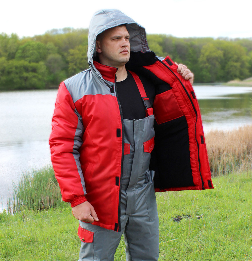 Мужская зимняя рабочая куртка "Шторм" оксфорд красная с серым - фото 2 - id-p1481084492