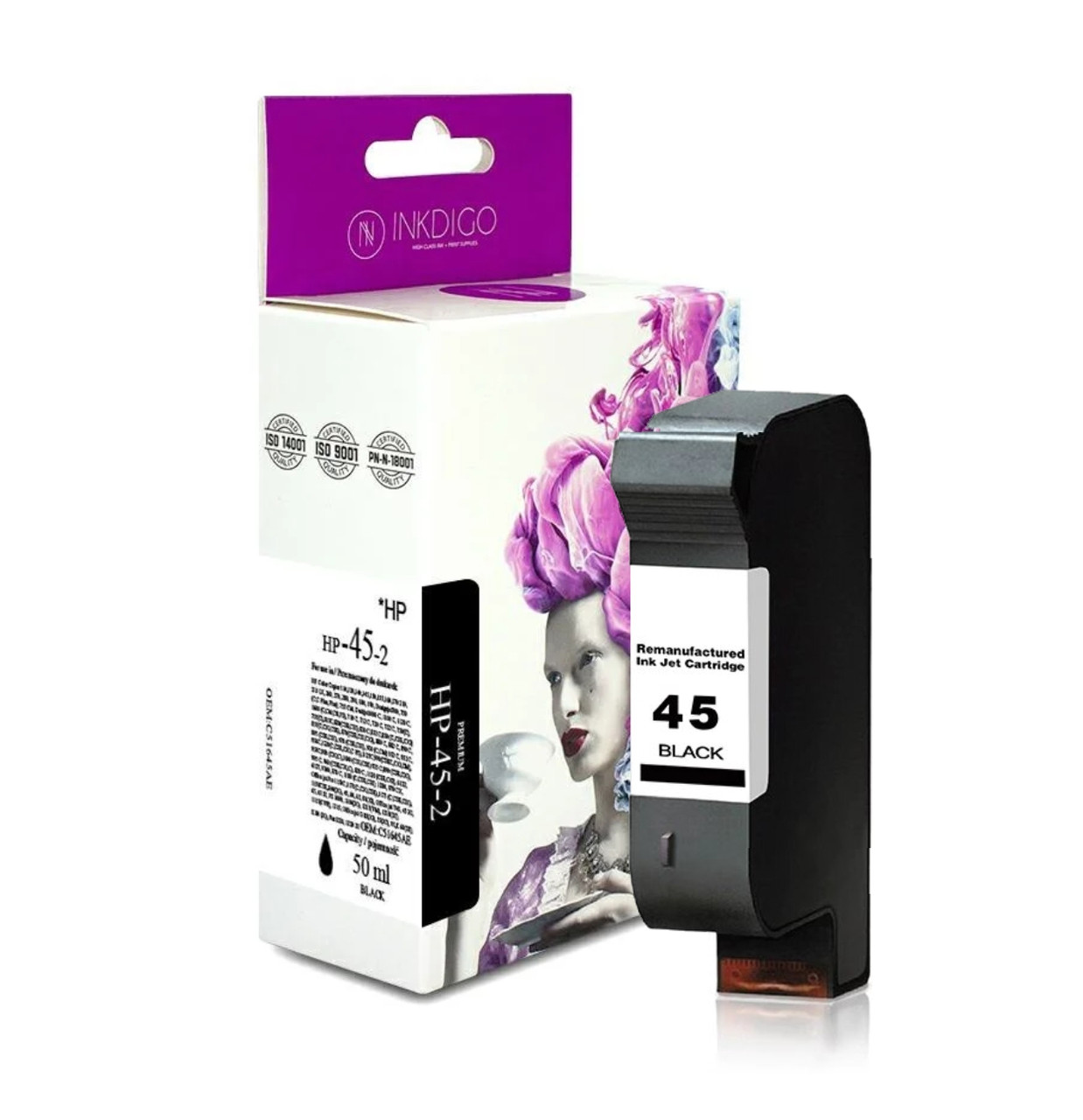 Сумісний картридж Inkdigo™ HP 45 Black (C51645AE), чорнильний, чорний, 42 ml (HP-45-2).