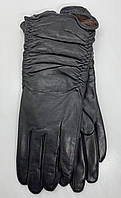 Перчатки женские удлинённые из натуральной лайковой кожи черного цвета присобранные на тонком меху