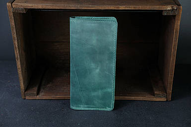 Чоловічий шкіряний гаманець Лонг на 12 карт, натуральна вінтажна шкіра. колір Зелений