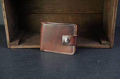 Чоловіче шкіряне портмоне на 6 карт із застібкою, натуральна італійська шкіра Краст, колір коричневий, відтінок Вишня