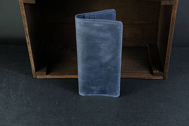 Чоловічий шкіряний гаманець Лонг на 12 карт, натуральна вінтажна шкіра, колір Синій