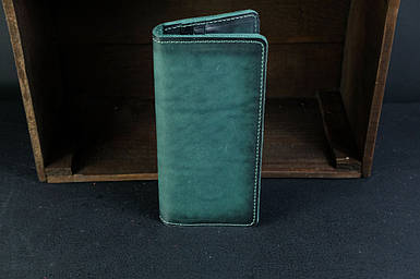 Чоловічий шкіряний гаманець Лонг на 12 карт, натуральна італійська шкіра Краст, колір Зелений