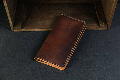Чоловічий шкіряний гаманець Лонг на 12 карт, натуральна італійська шкіра Краст, колір коричневий, відтінок Вишня