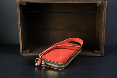 Чоловічий шкіряний гаманець на круговій блискавці з ремінцем, натуральна італійська шкіра Краст, колір червоний