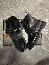 Черевики зимові жіночі Dr.Martens Mono Black Premium 𝐅𝐔𝐑 Winter Доктор Мартінс Моно чорні шкіряні з хутром