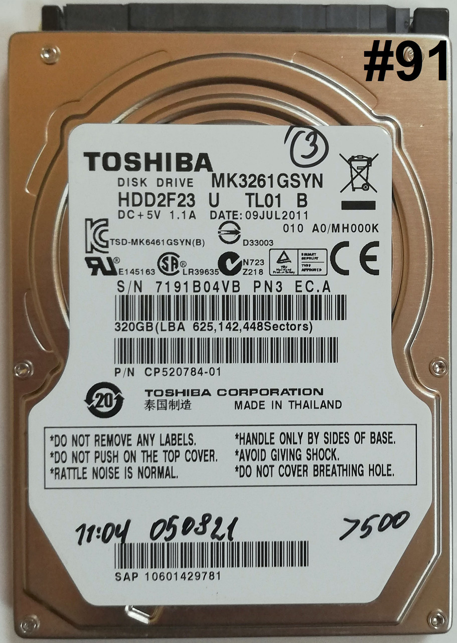 Жорсткий диск для ноутбука Toshiba 320 GB 2.5" 16 MB 7200 rpm 3Gb/s (MK3261GSYN) SATAII Б/У #91 Під сервіз