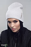 Зимова кашемірова шапка Фешн в рубчик жіноча на флісі з відворотом, Підліткова для дівчинки шапка колір пудра, фото 6