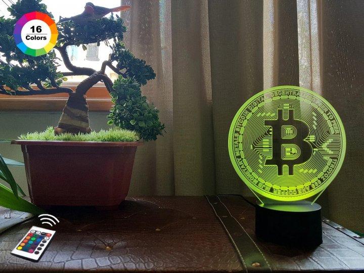 3D нічник "Bitcoin" (ВОЛІЧНЕ ЗОБРАЖЕННЯ) + пульт ДК + мережевий адаптер + батарейки (3ААА) 3DTOYSLAMP, фото 1