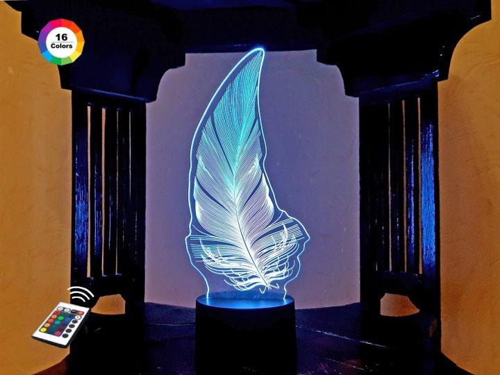 3D нічник "Перо" (ВОЛІЧНЕ ЗОБРАЖЕННЯ) + пульт ДК + мережевий адаптер + батарейки (3ААА) 3DTOYSLAMP, фото 1