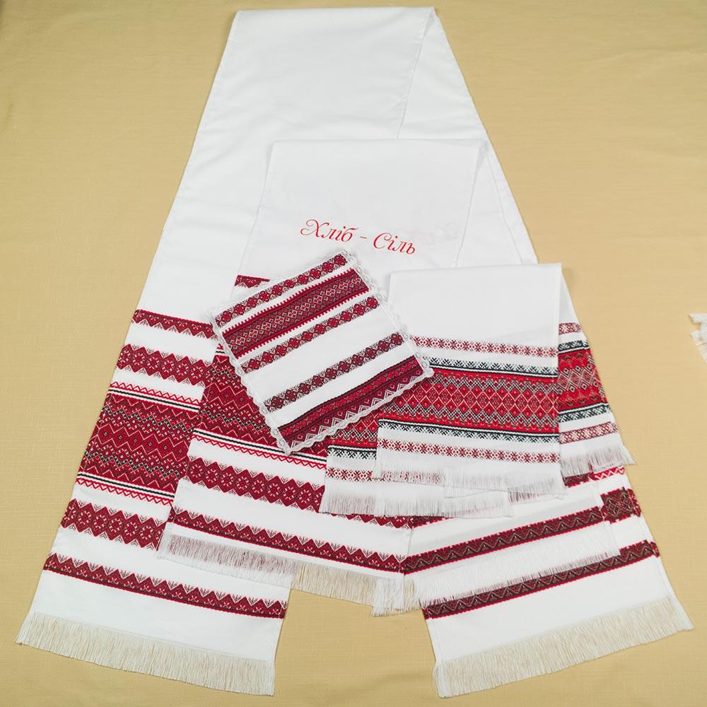 Набір весільних рушників з червоним орнаментом, фото 1