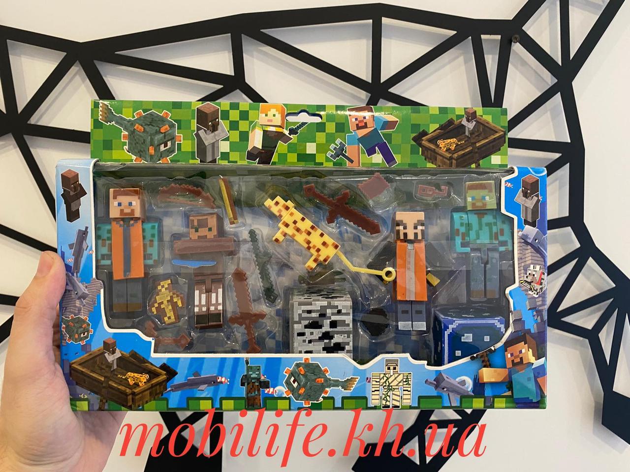 Набір героїв Minecraft Майнкрафт 4 чоловічка/Тигр/Аксесуари і зброя /